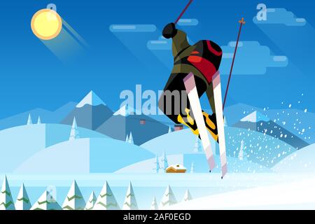 Jeune homme ou femme équitation sur ski ski sur neige en montagne sur une journée d'hiver ensoleillée avec un soleil jaune, ciel bleu, sapins et montagnes paysage comme backg Banque D'Images