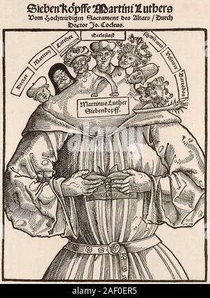 MARTIN LUTHER (1483-1546) théologien protestant allemand caricaturé comme un mal à sept têtes dans un document contemporain. Banque D'Images