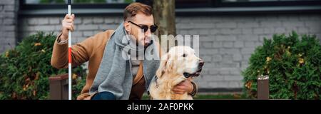 Vue panoramique tourné de blind man hugging chien-guide sur la rue Banque D'Images