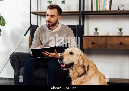 Focus sélectif de golden retriever assis à côté de Blind Man reading book at home Banque D'Images