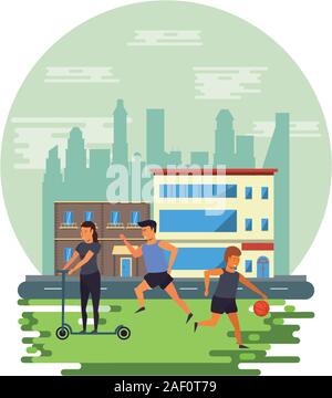 Les athlètes pratiquant des sports sur la ville Illustration de Vecteur