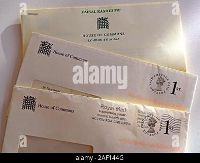 Lettre sur le papier-notes de la Chambre des communes, SW1A 0AA, 1re classe de Faisal Le député Rashid, décembre 2019 sur le Brexit Banque D'Images