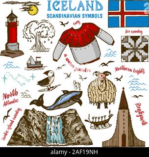 Ensemble de l'Islande des symboles dans un style vintage. Signes nationaux traditionnels sur fond blanc. La culture scandinave. Contours dessinés à la main, croquis doodle Illustration de Vecteur