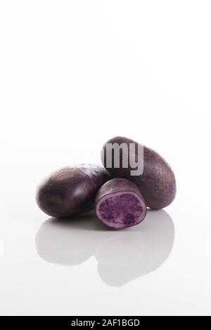 Pommes de terre violettes Vitelotte à fond blanc, noire Banque D'Images