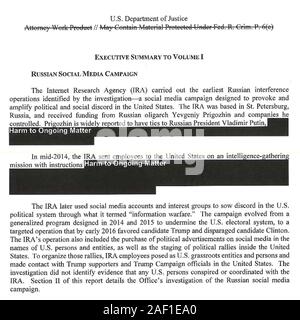 Washington, United States. Dec 12, 2019. Rédigé le sommaire exécutif de l'avocat spécial le rapport de Robert Mueller est publié en format numérique le 18 avril 2019, à Washington, DC Le Procureur Général William Barr a tenu une conférence de presse au Ministère de la Justice à Washington, DC sur le rapport concernant l'ingérence russe dans l'élection de 2016. Credit : UPI/Alamy Live News Banque D'Images