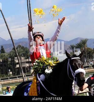 Arcadia, États-Unis. Dec 12, 2019. L'IRAD Ortiz, Jr. à bord Spun de fonctionner, célèbre pour sa façon de le cercle des gagnants après avoir remporté le Breeders Cup Mile de terre au cours de la 36ème Breeders Cup Championnat du Monde Santa Anita Race Track en Arcadia, Californie le 2 novembre 2019. Photo par Mark Abraham/UPI UPI : Crédit/Alamy Live News Banque D'Images