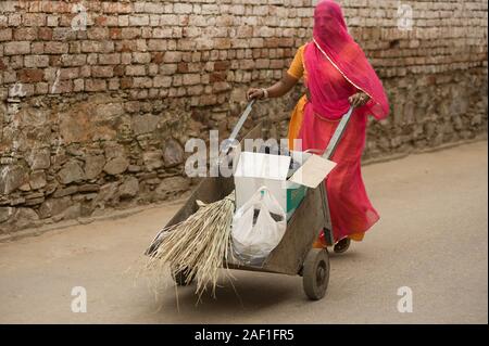 Pushkar, Rajasthan, Inde - 06 août 2011: Femme traditionnelle Rajasthani portant des sari roses, au travail, transportant des ustensiles dans un camion à main en acier Banque D'Images