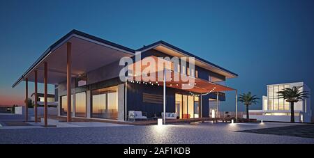 Maison moderne d'extérieur de bâtiment. Concept de l'architecture de rendu 3D Banque D'Images