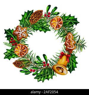 Aquarelle couronne de Noël avec les cônes, le gui, d'épices, d'agrumes séchés tranches, Jingle Bell en bois isolé sur fond blanc Banque D'Images