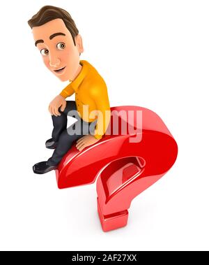 3d man sitting on top of question mark, illustration avec fond blanc isolé Banque D'Images