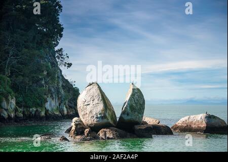 Split Rock Apple, Tours, Abel Tasman Bay Marine Park, en Nouvelle-Zélande. Close up avec Cliff et fond de ciel bleu/mer Banque D'Images