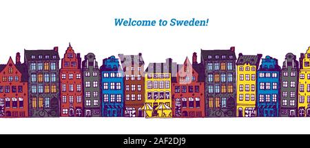 Les bâtiments en style européen vintage. Pays-bas maisons et appartements. Ville hollandaise. Mignon croquis en couleur style doodle. Arrière-plan de poster, ou web Illustration de Vecteur