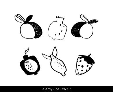 Mettre les fruits d'été grenadier,fraise, pêche, citron isolé sur blanc dans le style doodle.Vector Illustration de Vecteur