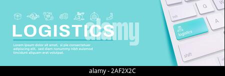 Icon Set logistique et web bannière d'en-tête w bâtiments, de camionnage, d'expédition et les gens fort Illustration de Vecteur