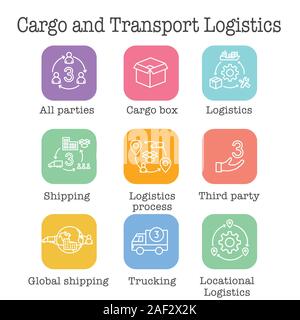 L'icône de la logistique set w bâtiments, de camionnage, d'expédition et les gens fort Illustration de Vecteur