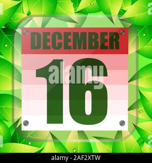 L'icône le 16 décembre. Pour la planification jour important avec des feuilles vertes. Bannière pour les jours fériés et les jours spéciaux. Seizième de l'icône de décembre. L'illustration. Banque D'Images