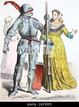 Costume national, des vêtements, de l'histoire des costumes, de la noblesse et des chevaliers allemands, en 1450, Volkstracht, Kleidung, Geschichte der Kostüme, deutscher Ritter und Edelfrau, 1450 Banque D'Images