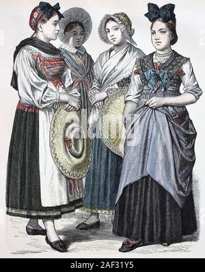 Costume national, des vêtements, de l'histoire des costumes, des femmes de cooker's Mountain, accueil Krautgers, Colmar et Brook, le costume national d'Alsace, France, en 1885, Volkstracht, Kleidung, Geschichte der Kostüme, Frauen aus Kochersberg, Krautgersheim, Colmar 2011, Oberseebach und aus dem Elsaß, Frankreich, 1885 Banque D'Images