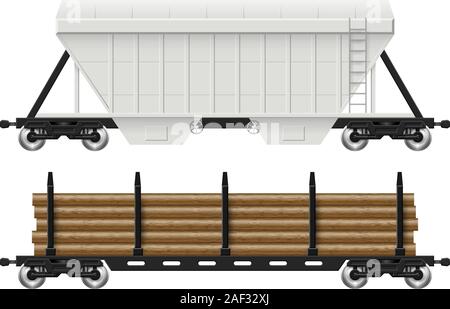 Wagons - wagons-trémies et connectez-vous avec vue de côté. Les wagons de train de fret sur fond blanc vector illustration. Montage facile et couleurs Illustration de Vecteur
