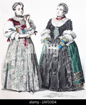 Costume national, des vêtements, de l'histoire des costumes, les filles et la femme de Augsburg, Allemagne, en 1770-1790, Volkstracht, Kleidung, Geschichte der Kostüme, Mädchen und Frau aus Deutschland, Augsbourg, 1770-1790 Banque D'Images