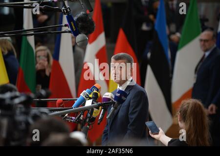 Bruxelles, Belgique. Dec 12, 2019. Le premier ministre tchèque Andrej Babis parle avant une session de deux jours du Conseil européen, le 12 décembre 2019, à Bruxelles, Belgique. Crédit : Petr Kupec/CTK Photo/Alamy Live News Banque D'Images