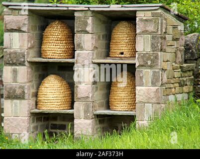 Quatre ruches en osier dans un abri de jardin en pierre. Banque D'Images