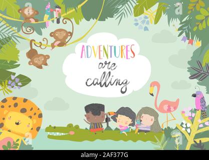 Cute frame composé de cartoon enfants Voyager avec des animaux Illustration de Vecteur