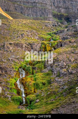 Au cours de la cascade de lave et mousse, Arnarfjordur, Westfjords, Islande
