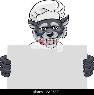 Chef Loup Restaurant Cartoon Mascot Sign Illustration de Vecteur