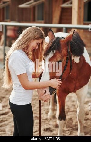 En prenant soin de l'animal. Femme heureuse avec son cheval dans le ranch de la journée. Banque D'Images