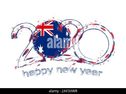 Heureuse Nouvelle Année 2020 avec le drapeau de l'Australie. Maison de vacances grunge vector illustration. Illustration de Vecteur