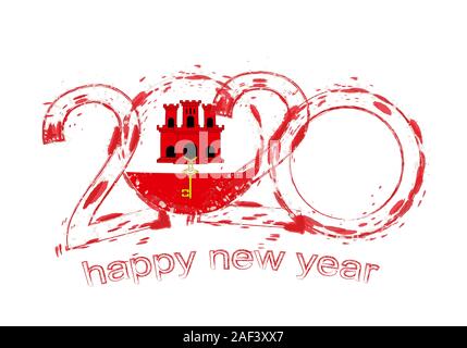 Heureuse Nouvelle Année 2020 avec le drapeau de Gibraltar. Maison de vacances grunge vector illustration. Illustration de Vecteur