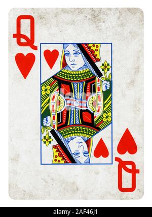 Reine de Coeur Vintage playing card isolé sur blanc (chemin inclus) Banque D'Images