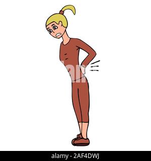 Cartoon jeune femme blanche avec un mal de dos dans un survêtement. Fond blanc stock isolé vector illustration Illustration de Vecteur