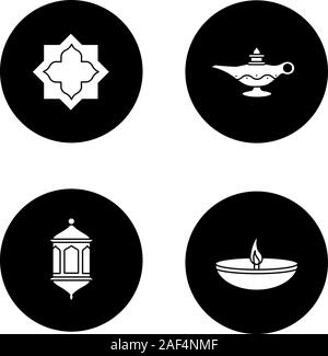 La culture islamique glyphe icons set. Star musulmane, lanterne, lampes à huile. Vector silhouettes blanc illustrations de cercles noirs Illustration de Vecteur