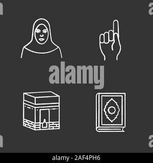 La culture islamique de la craie icons set. Femme musulmane, Dieu le geste, la Kaaba, coran livre. Illustrations vectorielles chalkboard Illustration de Vecteur