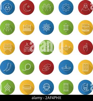 La culture islamique linéaire plat long shadow icons set. Les attributs de musulmans. La religion du symbolisme. Contour Vector illustration Illustration de Vecteur
