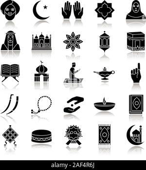 La culture islamique noir ombre glyph icons set. Les attributs de musulmans. La religion du symbolisme. Illustrations vectorielles Illustration de Vecteur
