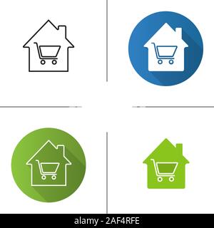 Magasin d'articles de ménage. Modèle plat, linéaire et glyphe en différents styles. Chambre avec panier à l'intérieur. Illustrations vectorielles Illustration de Vecteur