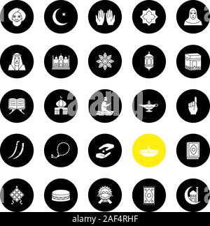 La culture islamique glyphe icons set. Les attributs de musulmans. La religion du symbolisme. Vector silhouettes blanc illustrations de cercles noirs Illustration de Vecteur