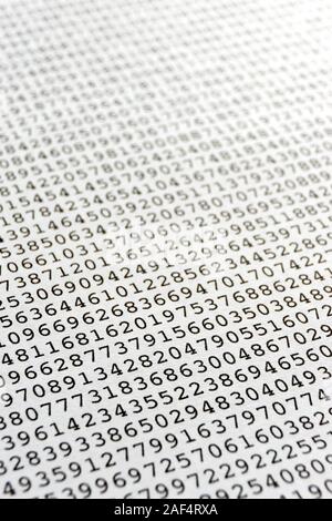 Arrière-plan avec imprimé noir monospace aléatoire des numéros sur papier blanc pour l'utiliser comme modèle pour un rapport financier. Vertical image. Banque D'Images