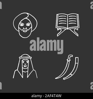 La culture islamique de la craie icons set. Les hommes musulmans en vêtements traditionnels, Coran, livre, scimitar sabre. Illustrations vectorielles chalkboard Illustration de Vecteur