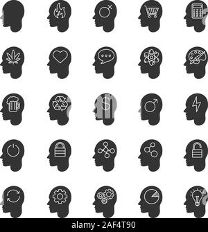 Tête à l'intérieur glyphe icons set. Les droits de l'esprit. Symboles de Silhouette. Pensées sur l'amour, des affaires, de l'argent, l'art, la science, l'alcool, les drogues. Vector isolated illus Illustration de Vecteur