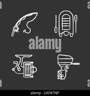 Chalk pêche icons set. Canne et moulinet, bateau à moteur. Illustrations vectorielles chalkboard Illustration de Vecteur