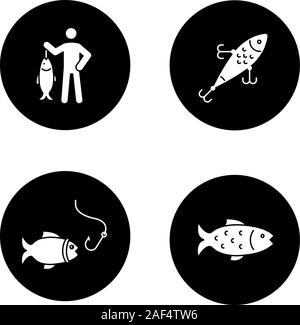 Glyphe de pêche icons set. Pêcheur, leurre, poisson et crochet. Vector silhouettes blanc illustrations de cercles noirs Illustration de Vecteur