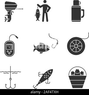 Glyphe de pêche icons set. Bateaux à moteur hors-bord, pêcheur, thermos, sondeur, fishhook, ligne de pêche leurre, tiroir, avec les prises. Silhouette symb Illustration de Vecteur