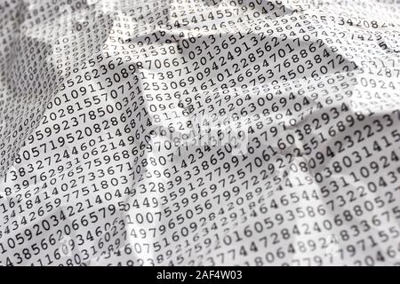 Arrière-plan avec imprimé noir monospace aléatoire des numéros sur papier blanc froissé pour utiliser comme modèle pour un rapport financier. Banque D'Images