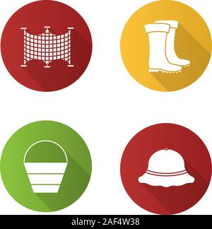 Design plat pêche ombre portée de l'ensemble des icônes de glyphe. Fishnets, godet, des bottes en caoutchouc, pêcheur hat. Silhouette Vector illustration Illustration de Vecteur