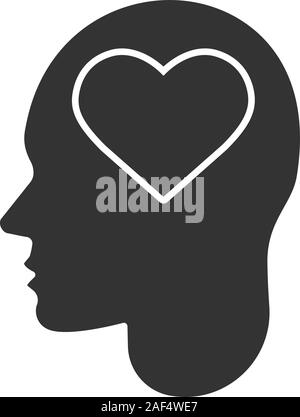 Tête humaine à l'intérieur de l'icône en forme de coeur de glyphe. Pensées sur l'amour. Symbole de Silhouette. L'humeur romantique. Tombé en amour. L'espace négatif. Vector isolated Illustration de Vecteur