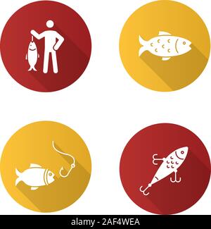 Design plat pêche ombre portée de l'ensemble des icônes de glyphe. Pêcheur, leurre, poisson et crochet. Silhouette Vector illustration Illustration de Vecteur